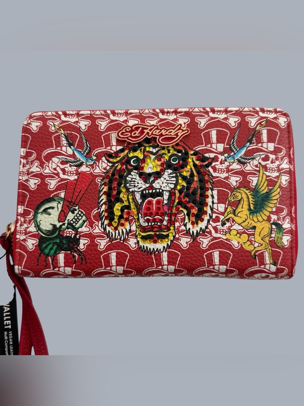 Ed Hardy VEGAN LEATHER Tiger Skull Rhinestones Zip-Around Wallet Wristlet NWT